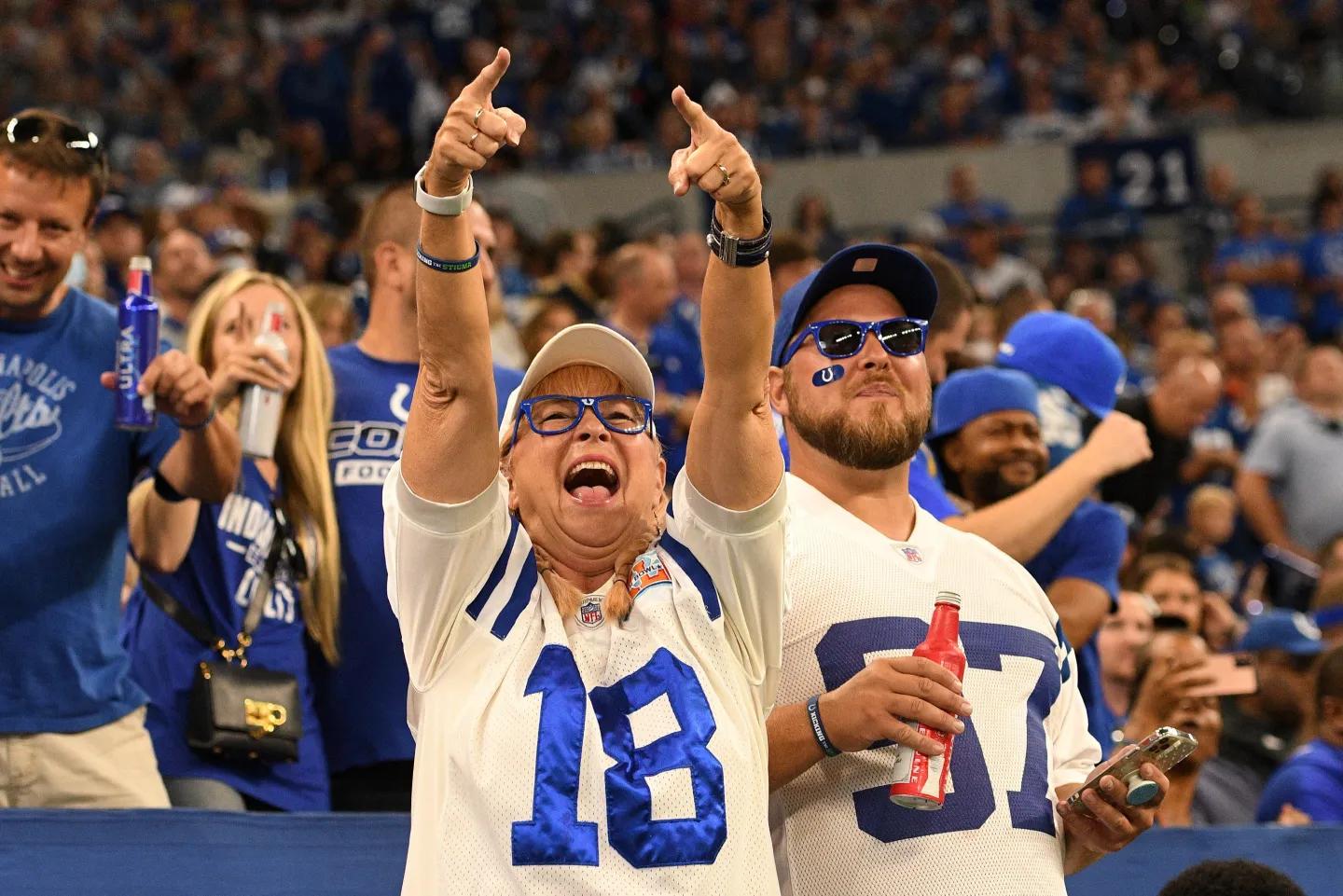 INDIANAPOLIS, IN - SEPTEMBER 19: Fans cheer during the NFL football game between the Los Angeles Rams and the Indianapolis Colts on September 19, 2021, at Lucas Oil Stadium in Indianapolis, Indiana. (Photo by Michael Allio/Icon Sportswire via Getty Images)