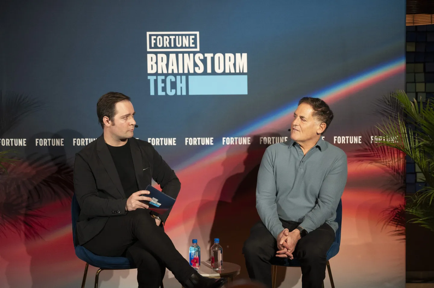 Entrepreneur and Cost Plus Drugs cofounder Mark Cuban (right) speaks with Andrew Nusca, editorial director of Fortune’s Brainstorm series, at a Brainstorm Tech dinner on Monday, Jan. 6, 2025, in Las Vegas.