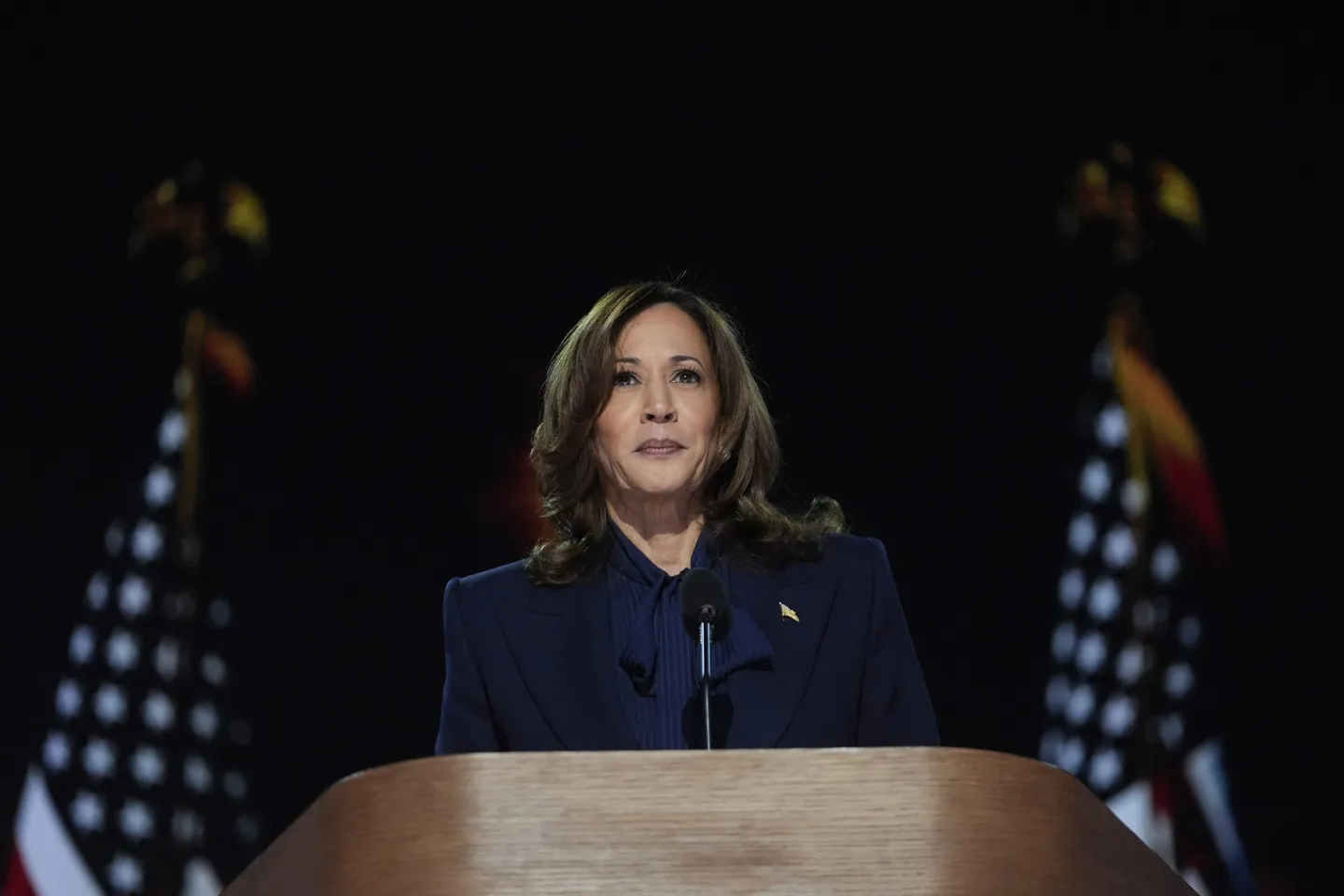 Vice President Kamala Harris speaks behind a podium at the Democratic National Convention.