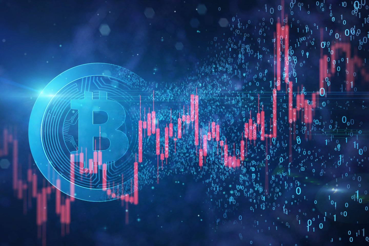 Bitcoin shape formed by binaries data of 0 and 1.