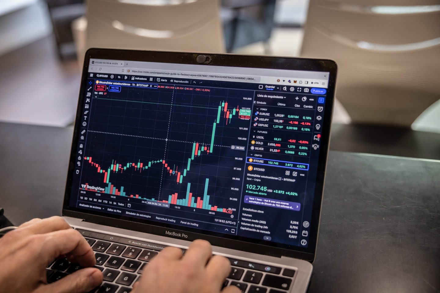 A candlestick chart showing bitcoin pricing on a laptop computer at a BitBase cryptocurrency exchange.