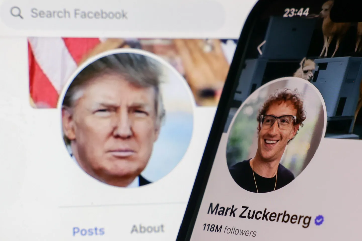 Donald Trump Facebook account displayed on a laptop screen and Mark Zuckerberg account on Facebook displayed on a phone screen