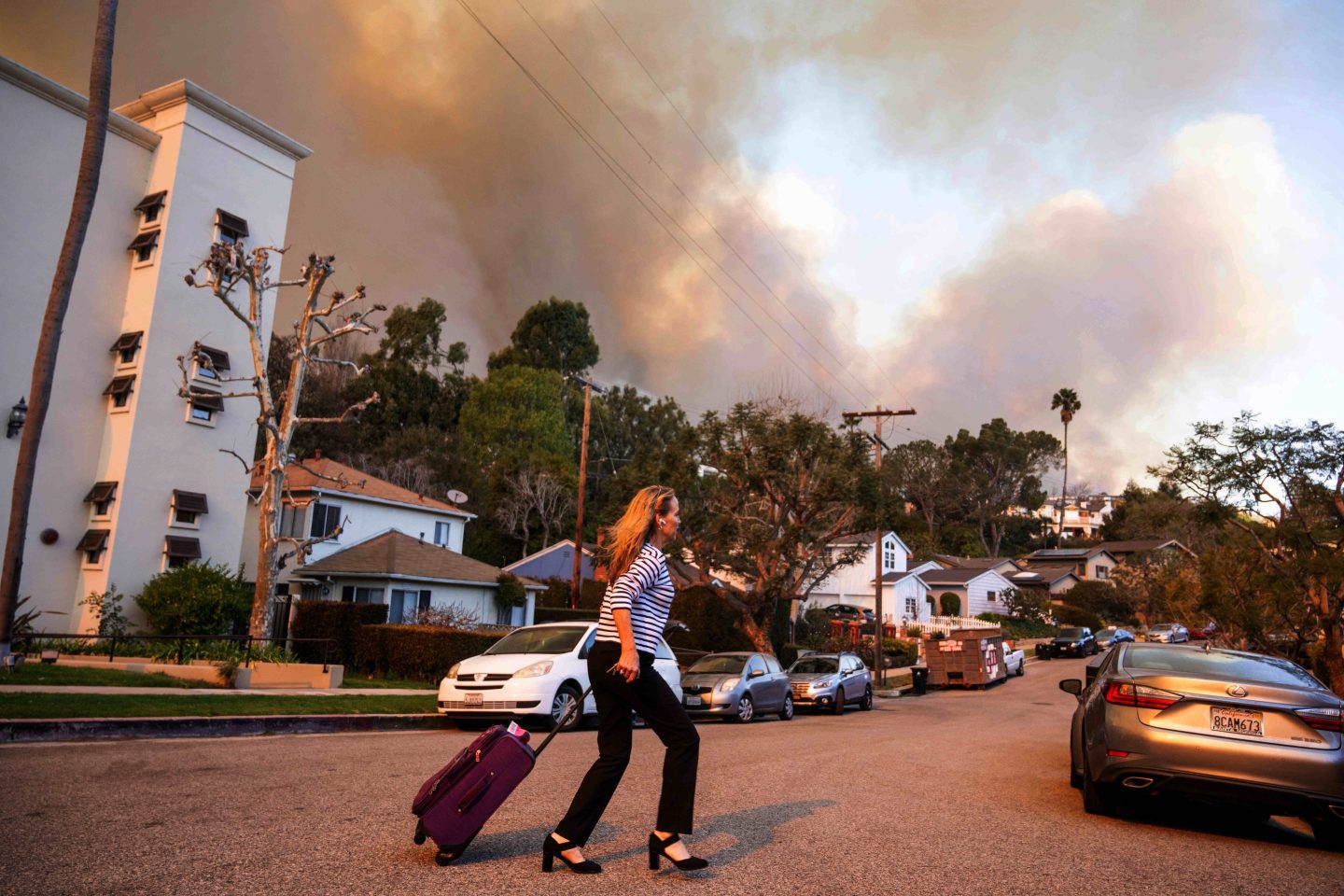 burning apartment building during the Palisades fire