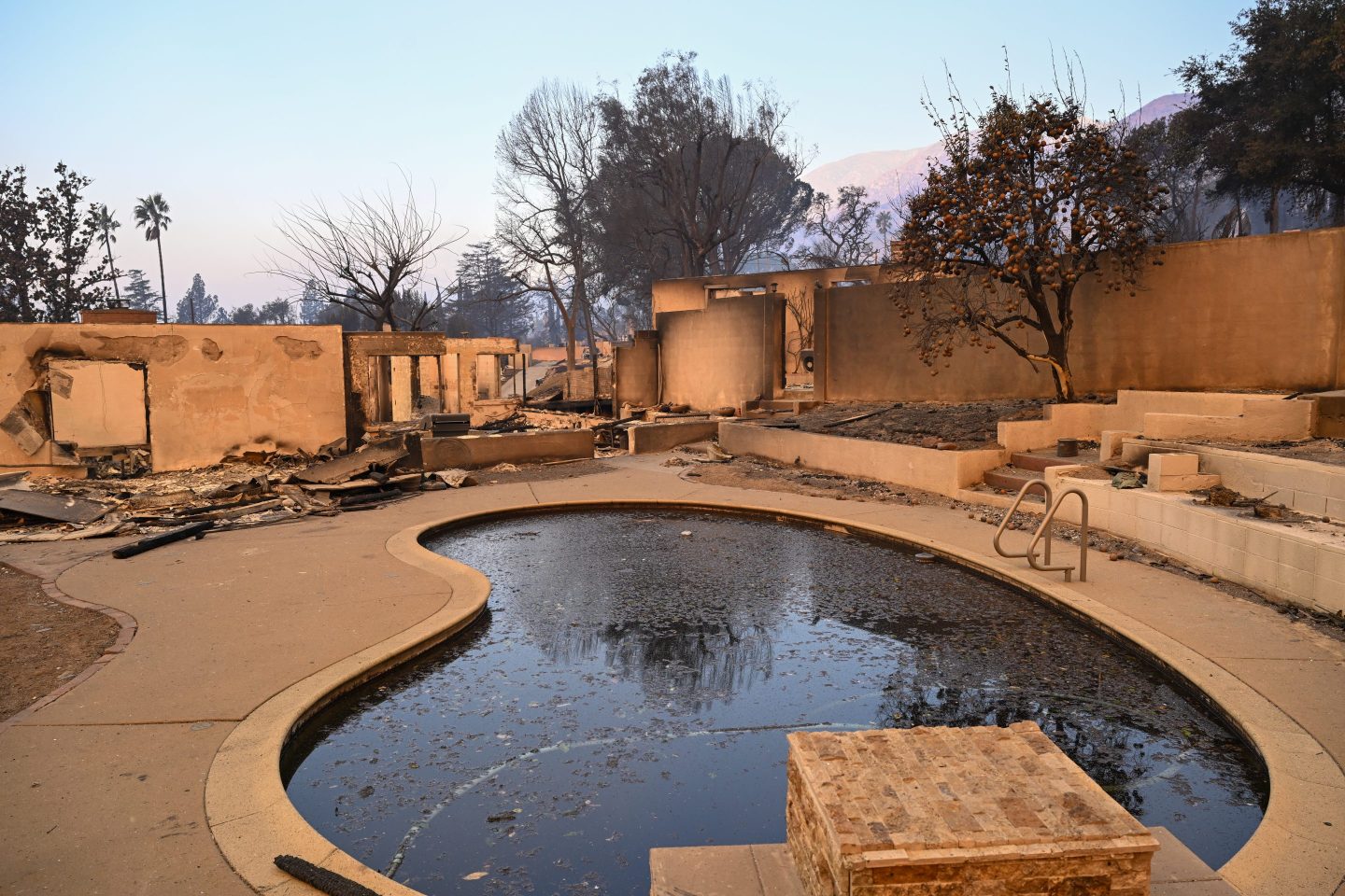 backyard pool and surrounding structures burnt after a fire