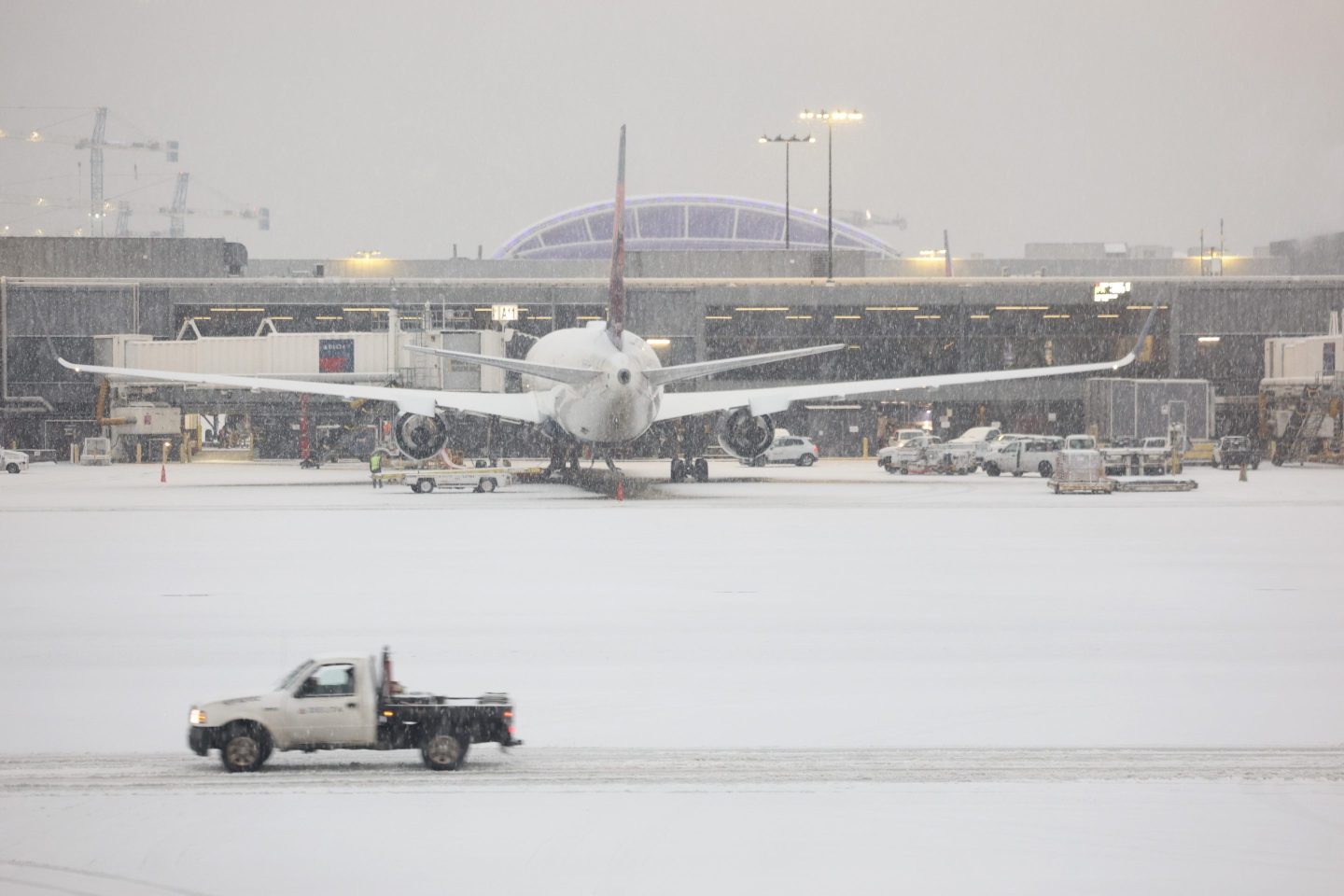 A snowy scene at the Atlanta airport