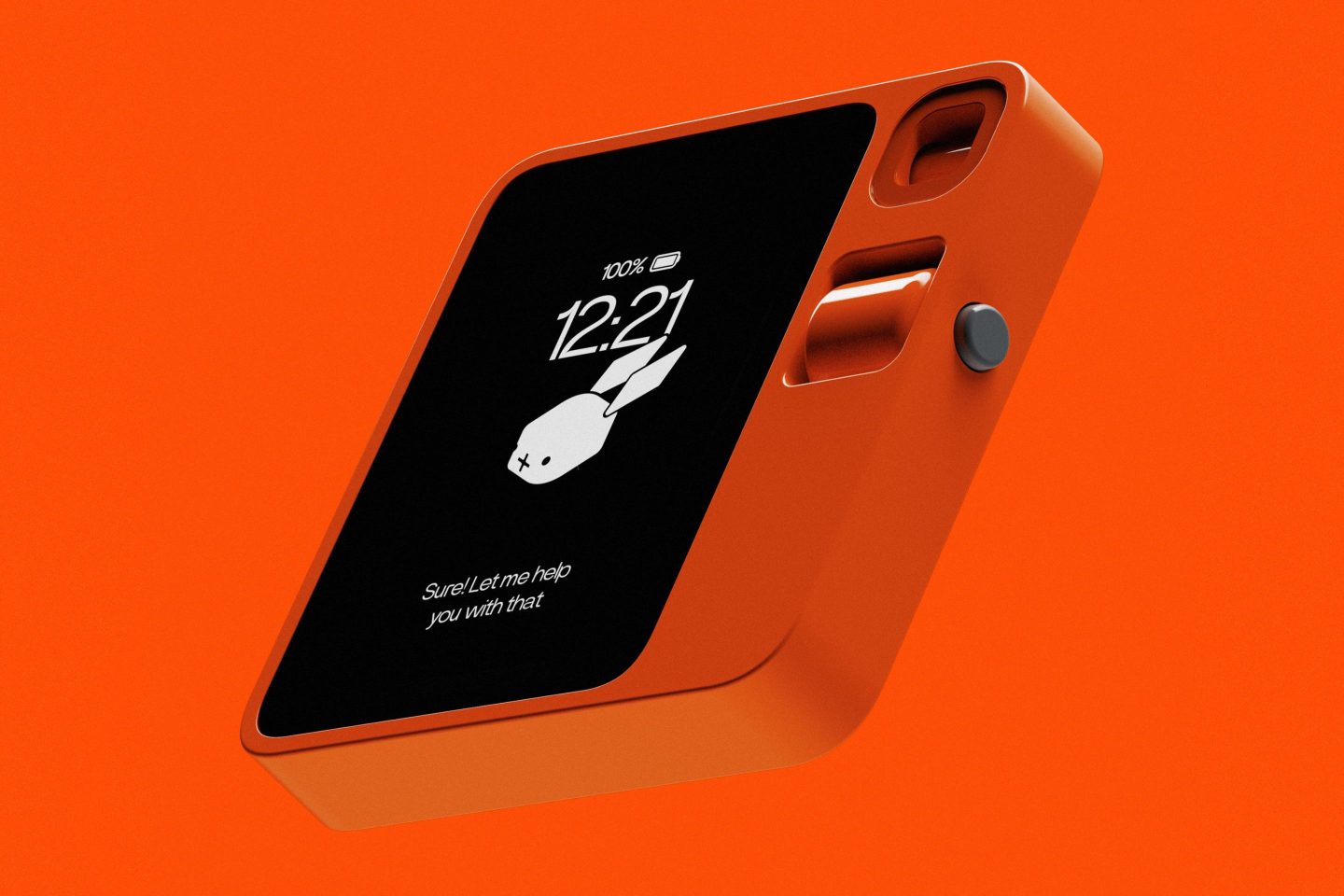 an orange-colored hand held electronic device with a rabbit logo