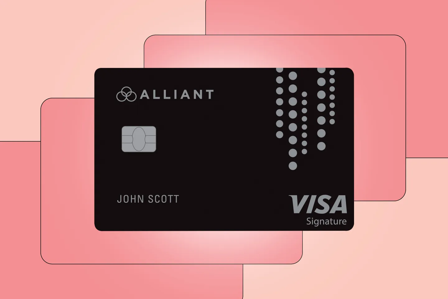 Photo of the Alliant Cashback Visa signature credit card over a pink background with abstract shapes