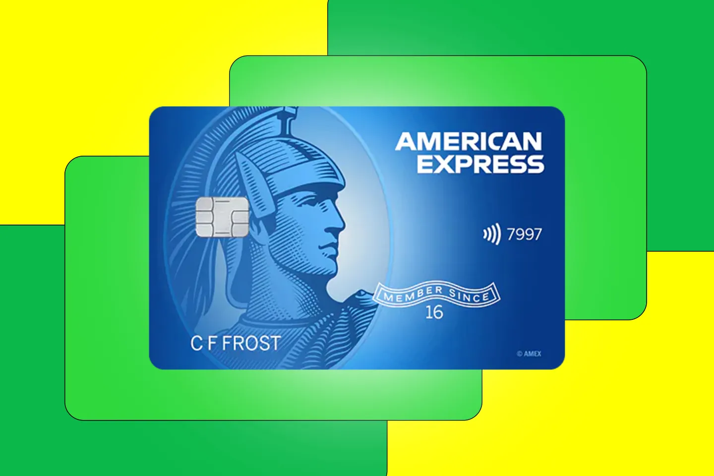 American Express Blue Everyday credit card over a yellow background with green abstract shapes.