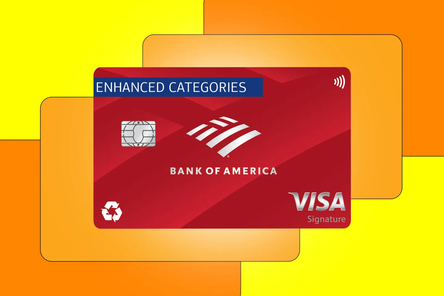 Photo of the Bank of America Customized Cash Rewards card over a yellow background with orange abstract shapes