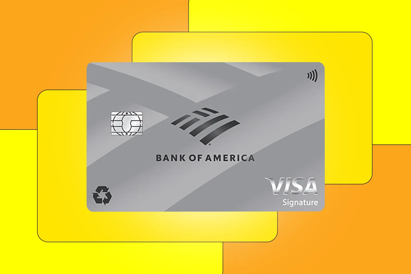 Photo of the Bank of America Unlimited Cash Rewards card over an orange background with yellow abstract shapes.