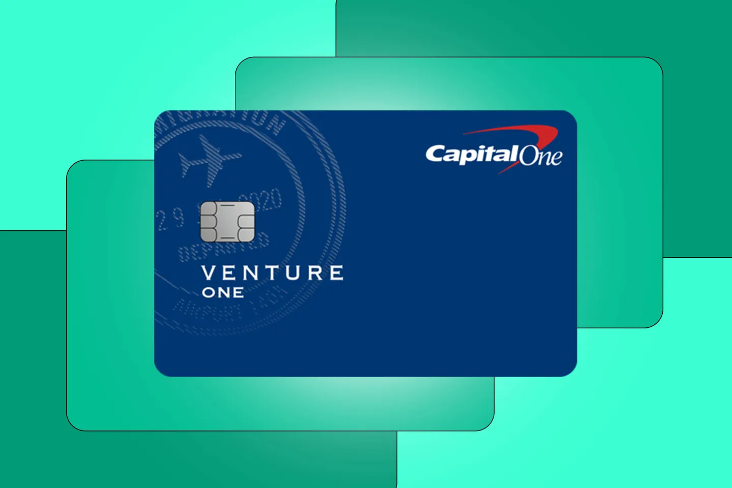 Photo of the Capital One Venture One credit card over a teal background with abstract shapes.