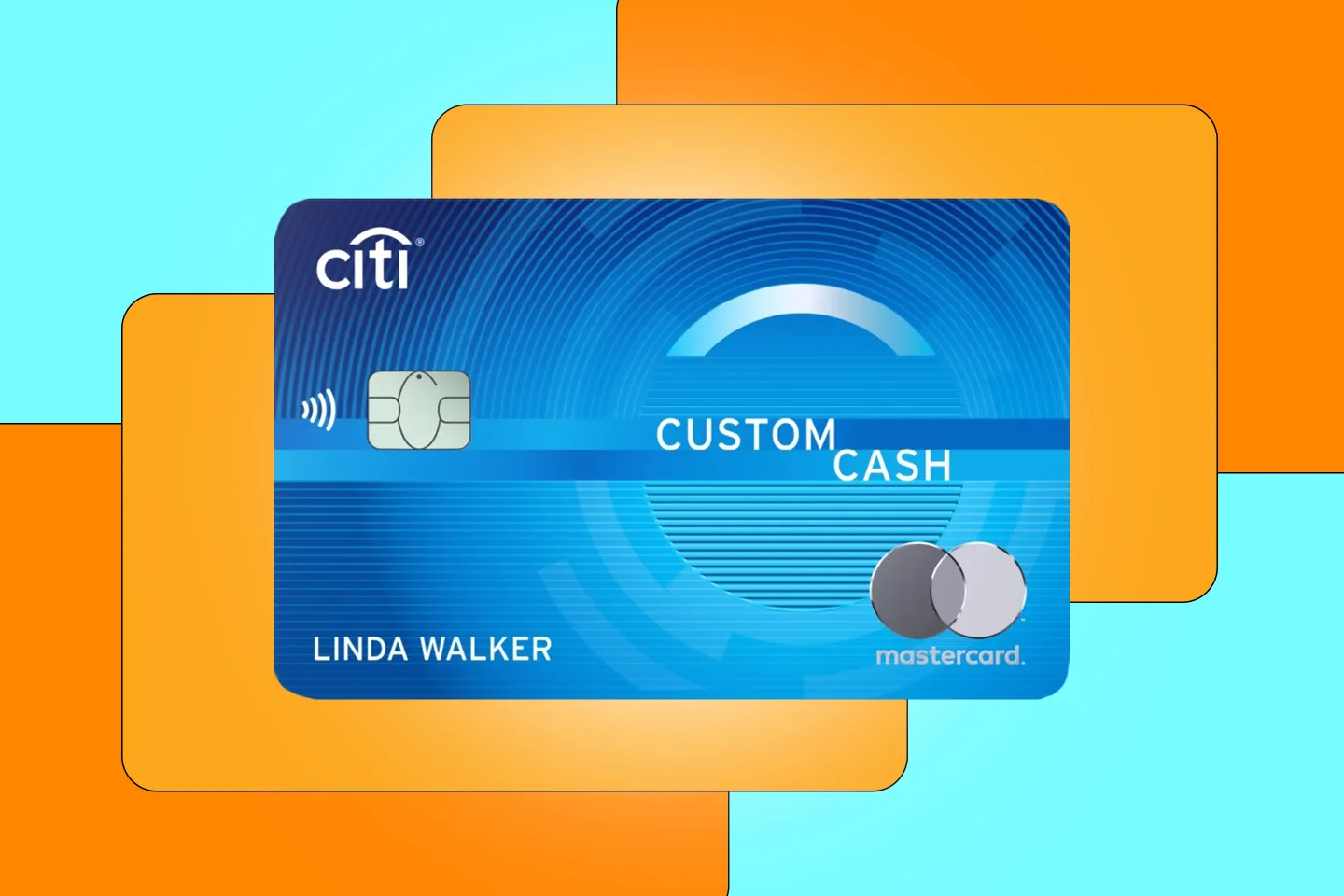 Citi custom cash credit card over a blue background with orange abstract shapes.