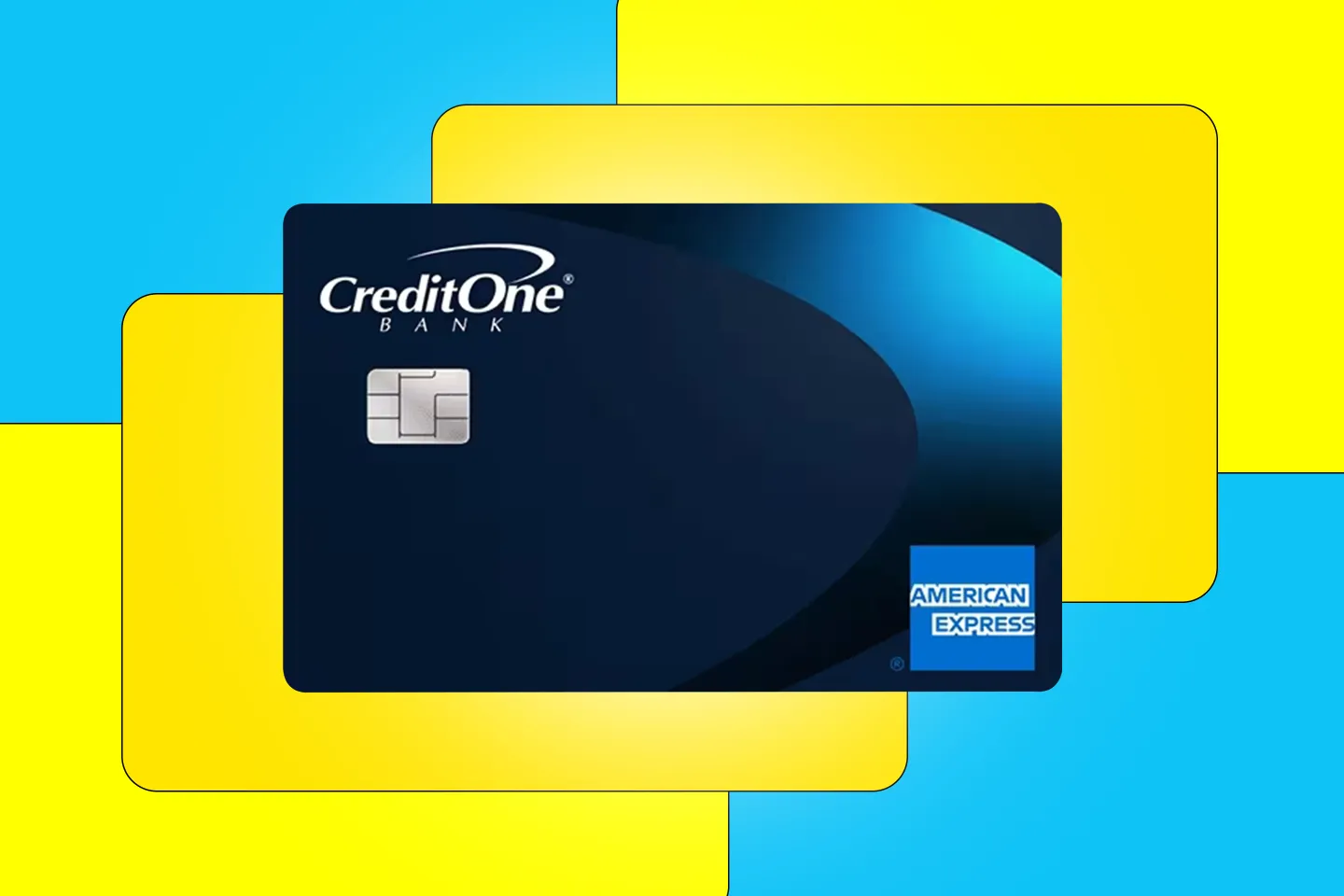 Photo of a Credit One American Express credit card over a blue background with yellow abstract shapes