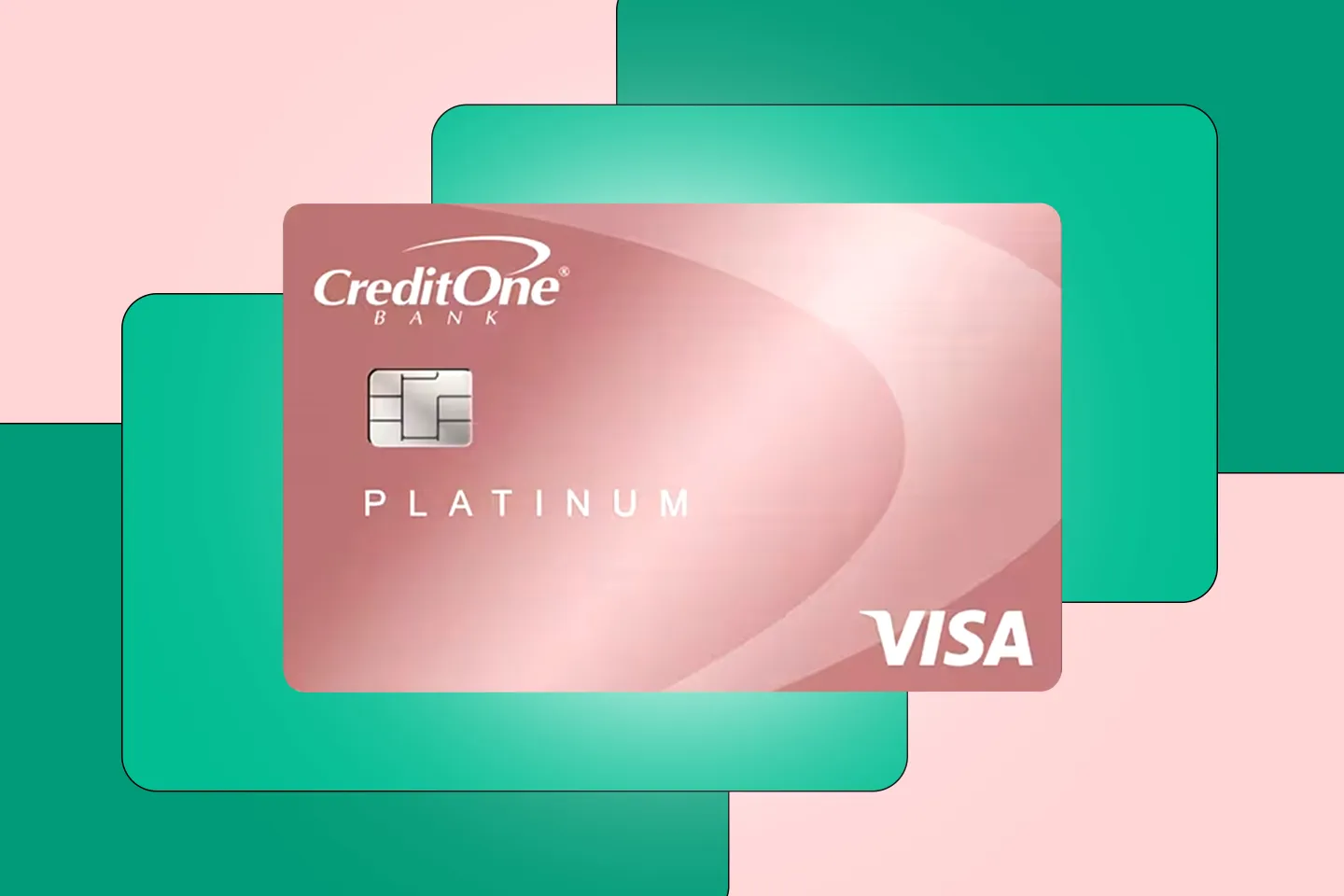 Photo of the Credit One Bank Platinum Rewards Visa credit card over a pink background with teal abstract shapes