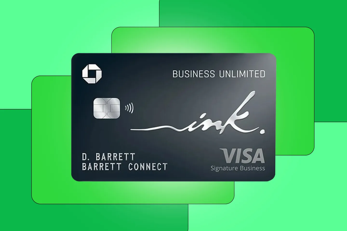 Ink Business Unlimited credit card over a green background with abstract shapes.