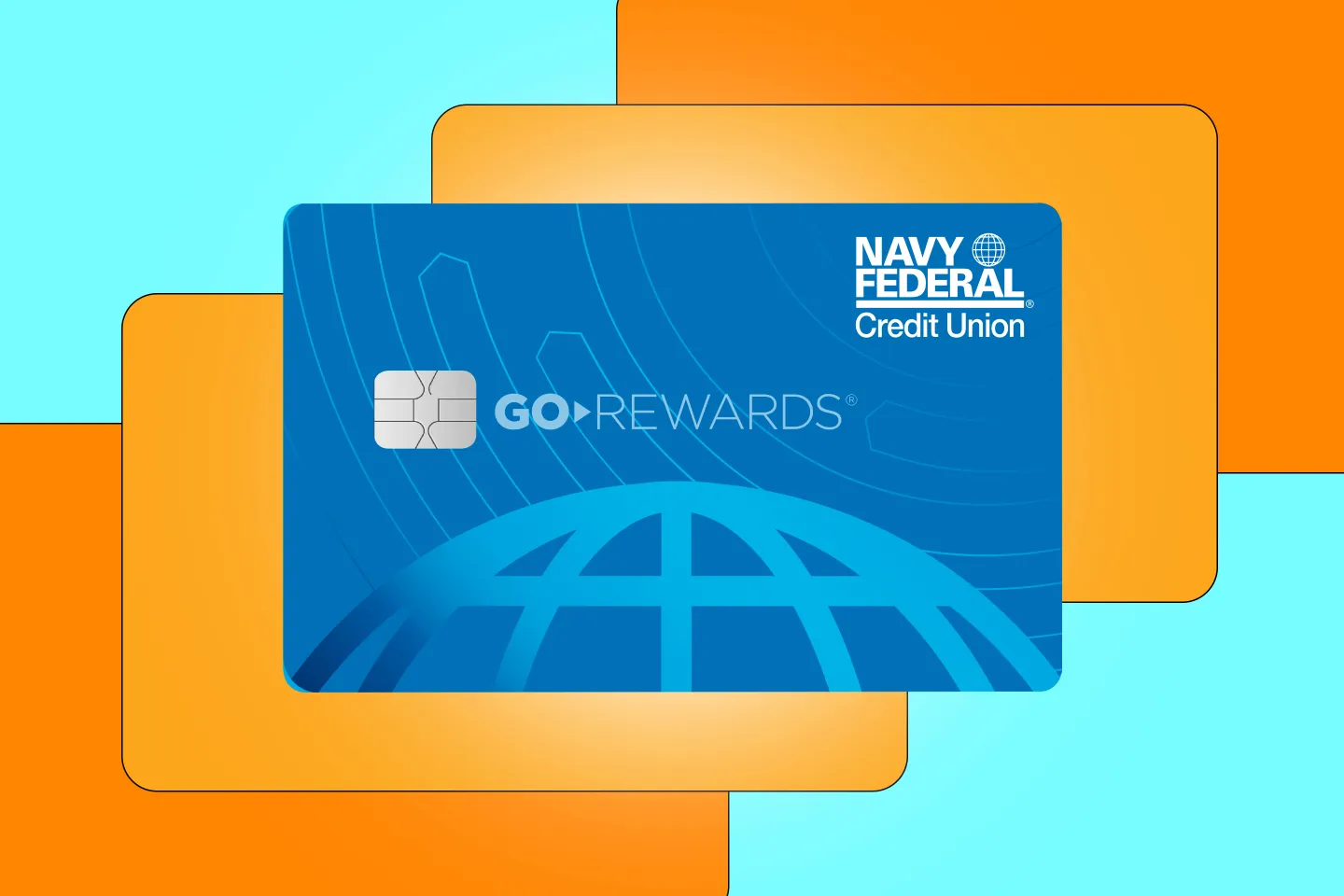 Photo of the Navy Federal CU Go Rewards credit card over a blue background with orange abstract shapes.