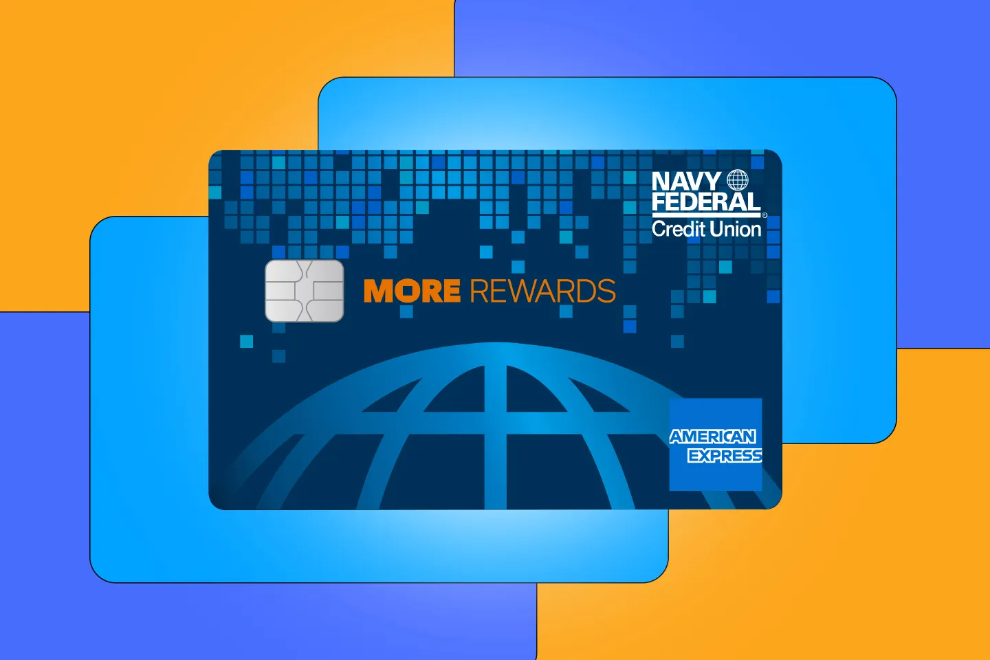 Photo of the Navy FCU More Rewards Amex credit card over an orange background with blue abstract shapes.