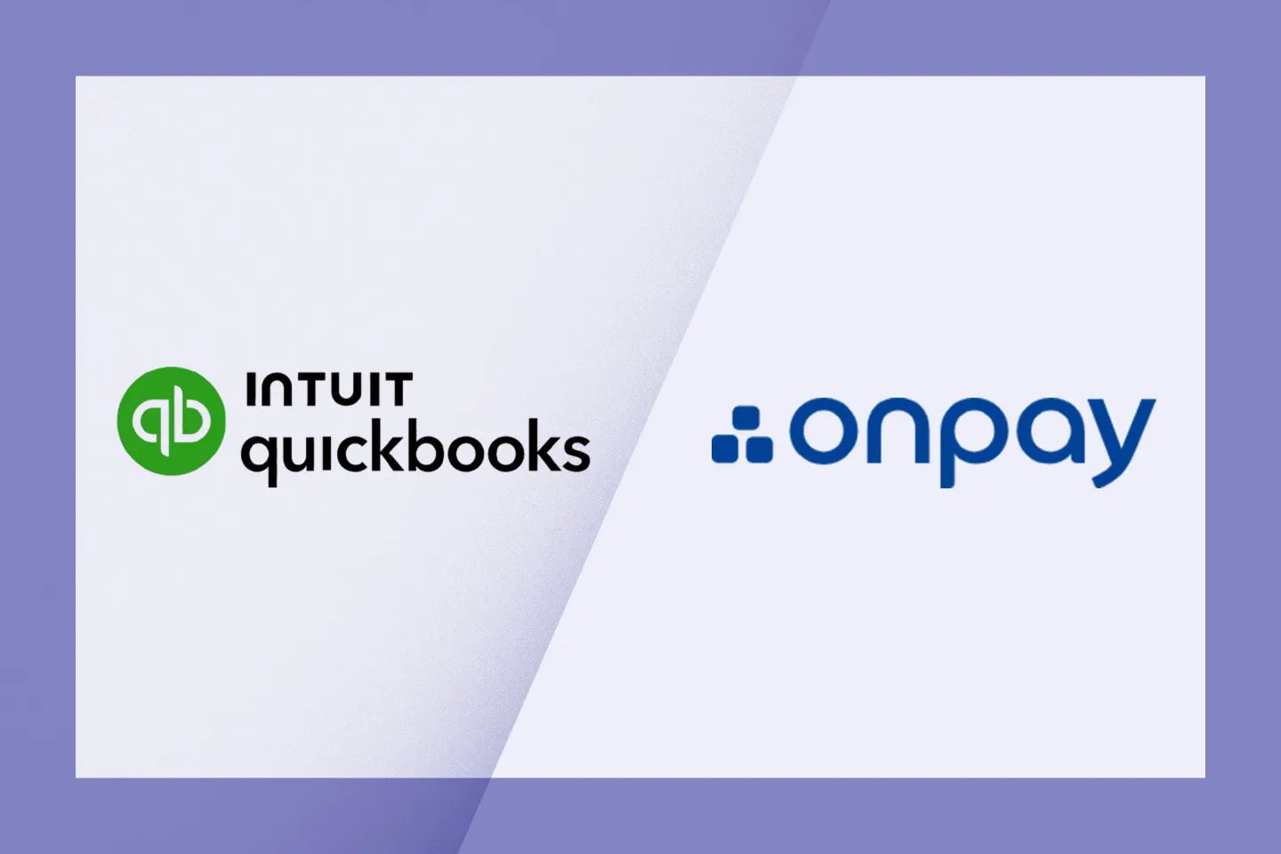 Illustration of the Quickbooks logo vs. Onpay logo inside a purple frame.