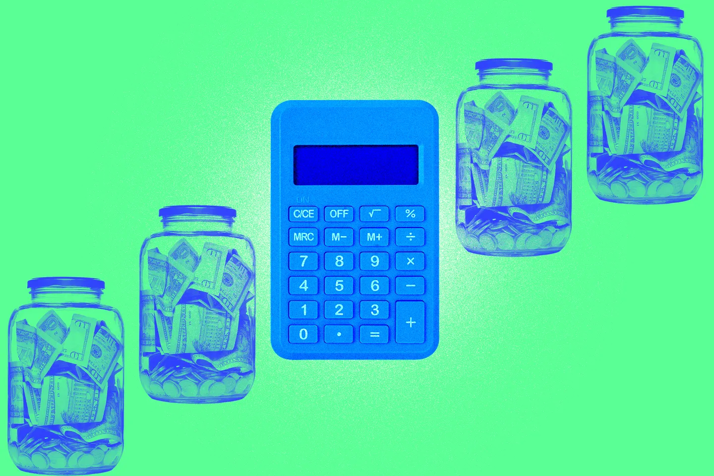 Photo illustration of a blue calculator in the center of the image, with blue jars full of money on either side creating a diagonal.