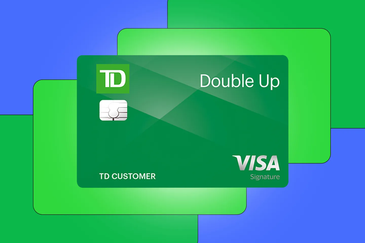 Photo of the TD Double Up credit card over a blue background with green abstract shapes.