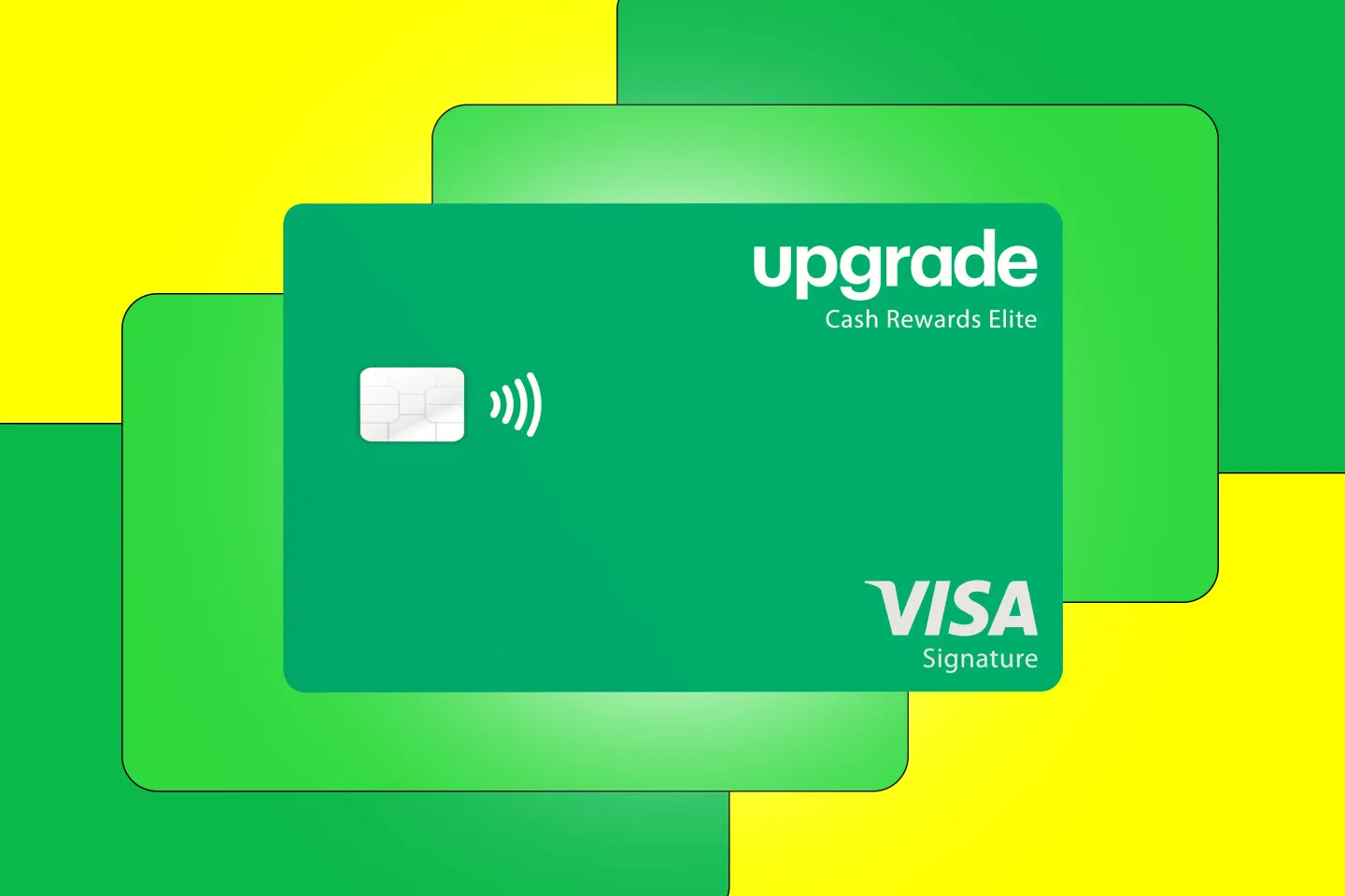 Photo of the Upgrade Cash Rewards elite visa over a yellow background with green abstract shapes.