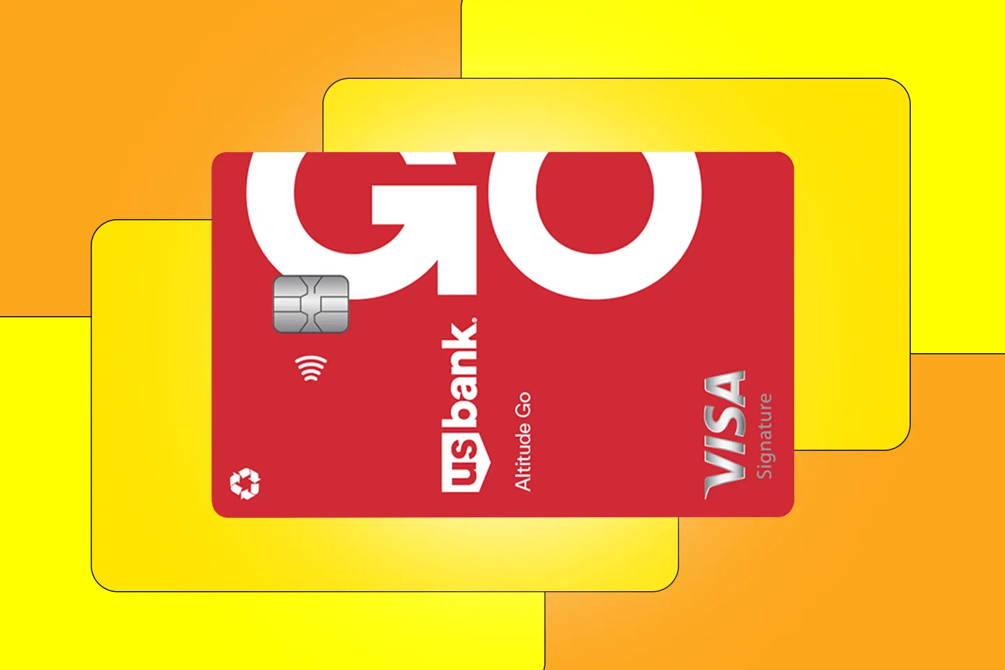 Photo of the US Bank Altitude Go Visa Signature credit card over an orange background with yellow abstract shapes.