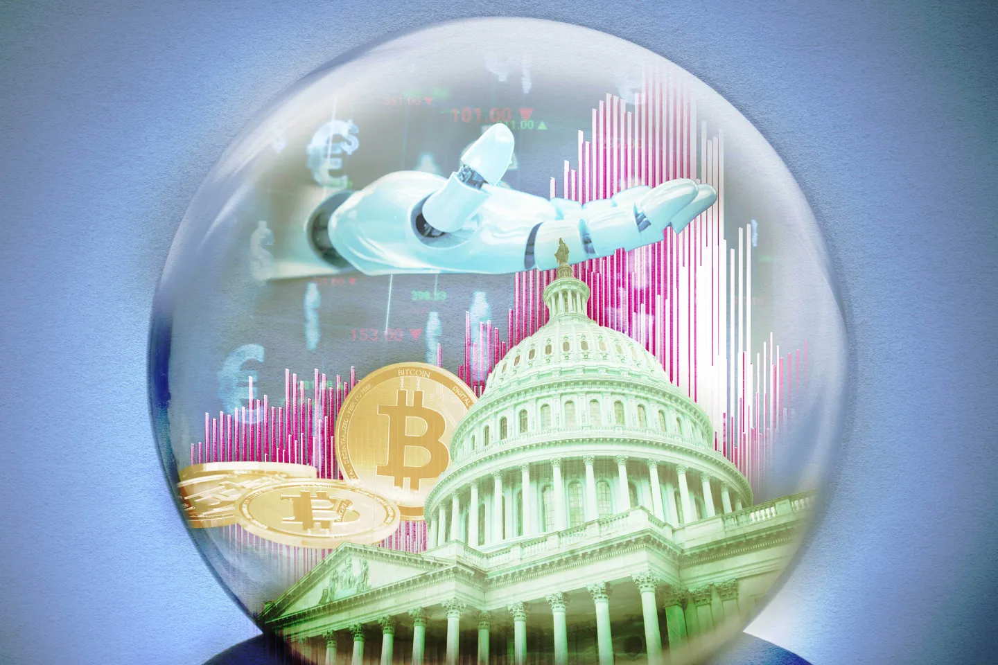 crystal ball with the capital, bitcoin, stock charts, and money symbols plus robot hand