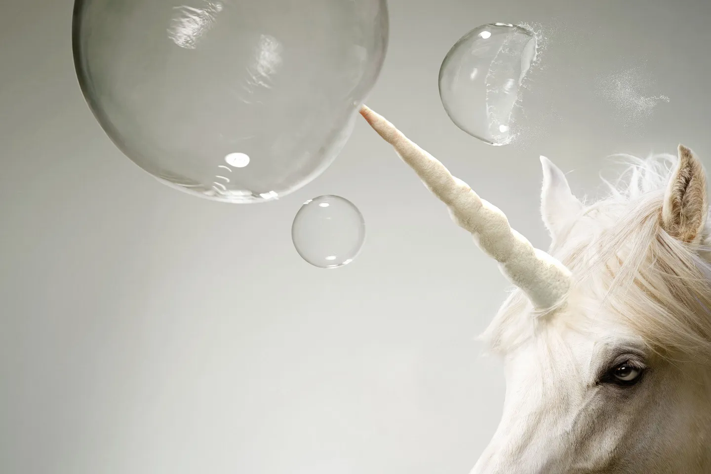 Photo illustration of a unicorn's horn bursting a bubble.