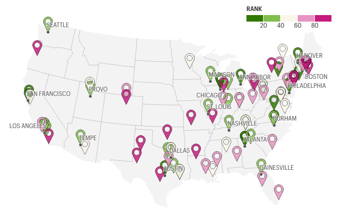 Datawrapper map of the locations of the Best MBA Programs for 2025, color coded by rank.